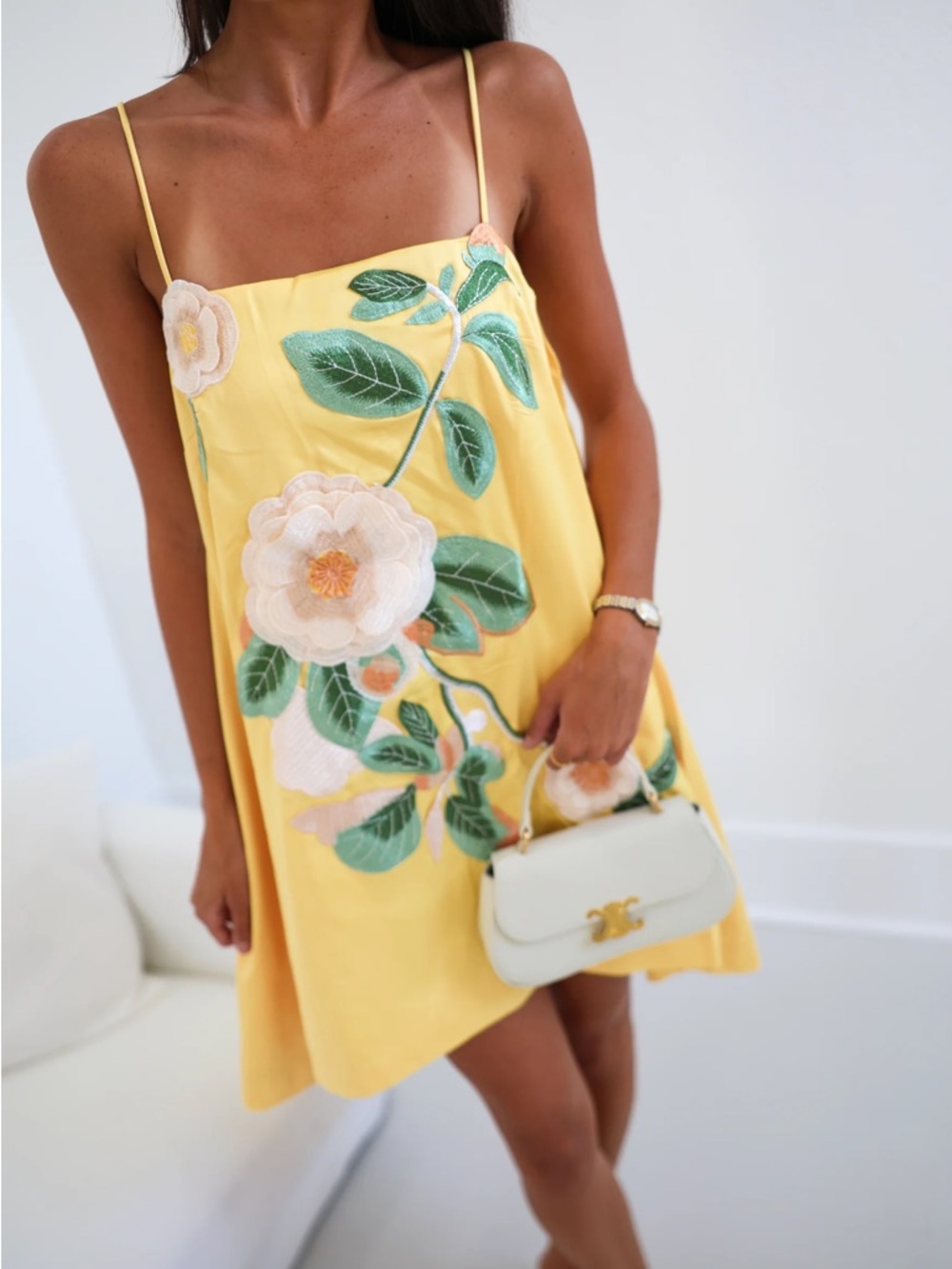 Bright Yellow Floral Embroidered Mini Silk Slip Dress